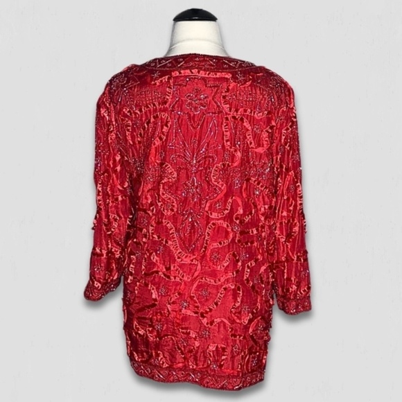 Roaman's Vintage Red Silk Beaded Sequin Rhinestone Blazer 2X - Picture 2 of 16